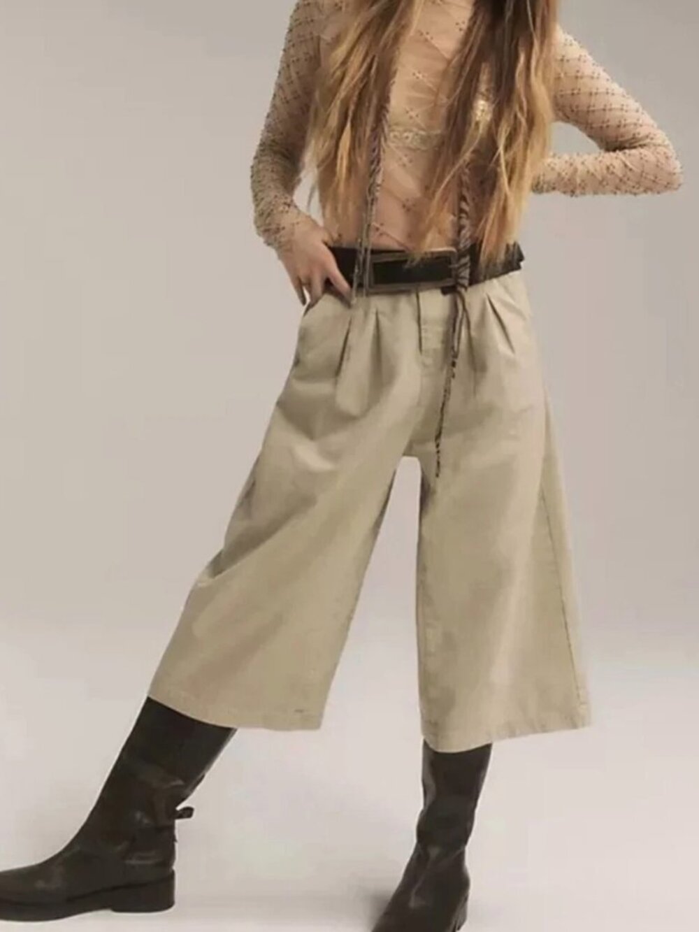 Free People Hard Rain Gaucho Pants Size 10 Cream Beige Wide Leg Cropped Boho Cot